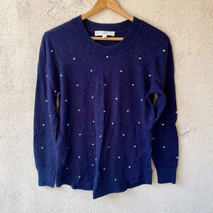 Loft Navy Blue White Dot Wool Sweater Size S